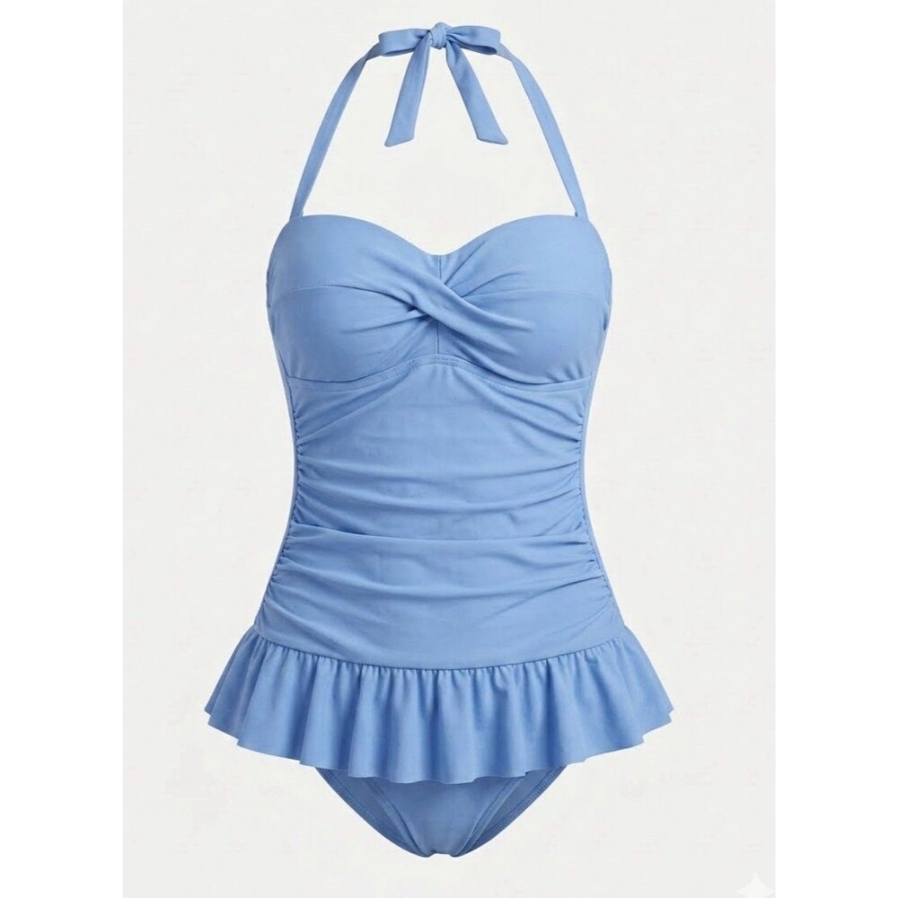 Lauren Ralph Lauren One Piece Swimsuit Women Size 14 Blue Halter Tummy Control
